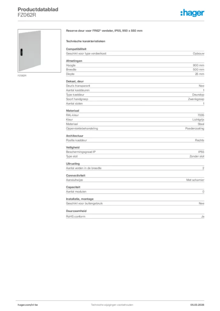 Afbeelding Hager Productdatablad FZ062R | Hager Belgium