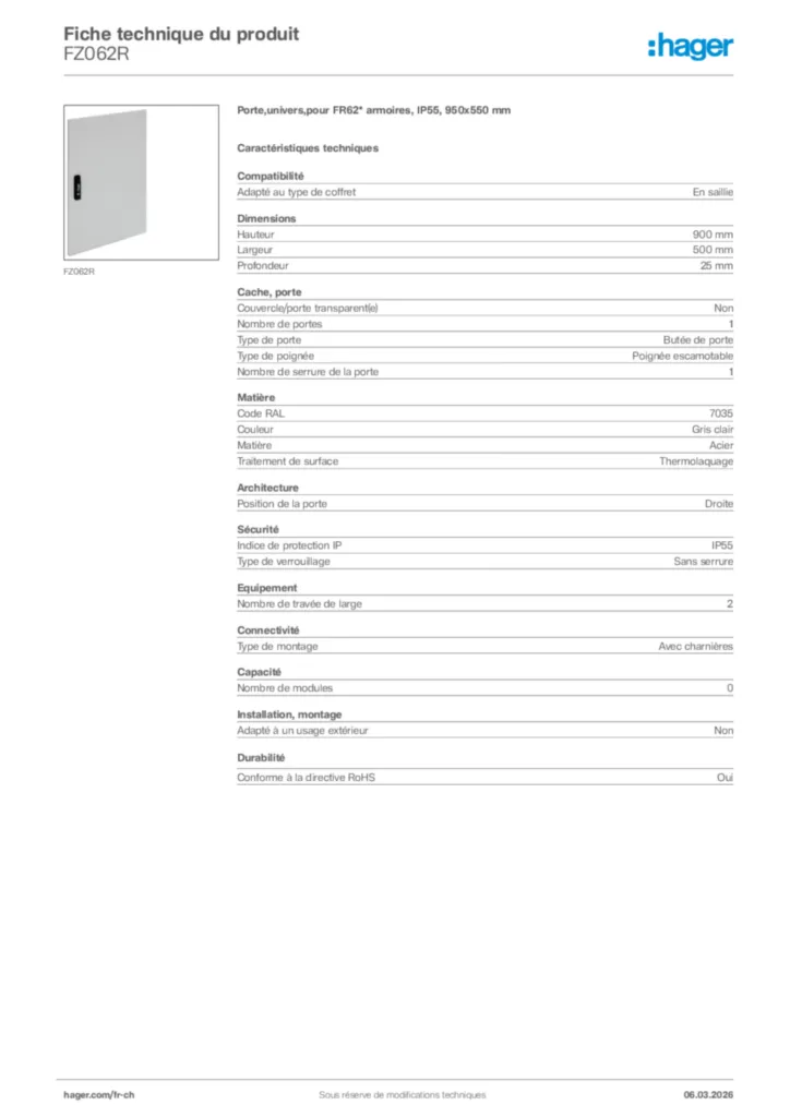Image Hager Fiche technique du produit FZ062R | Hager Suisse