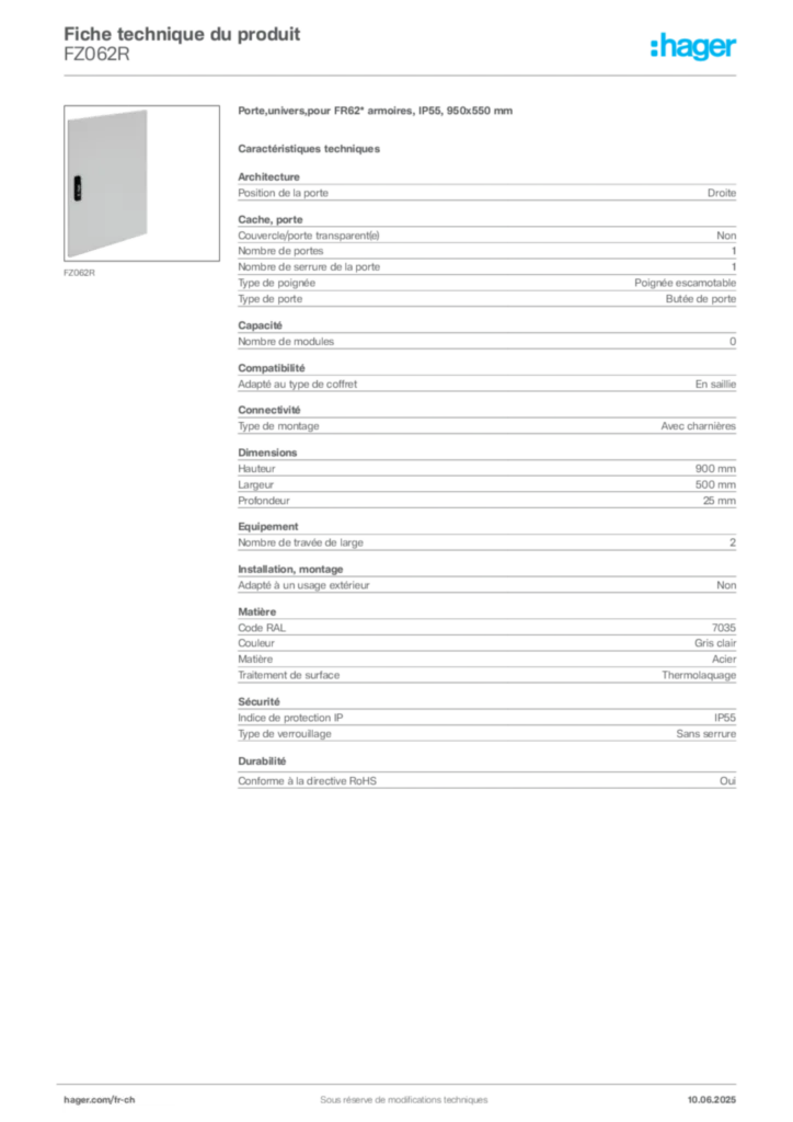 Image Hager Fiche technique du produit FZ062R | Hager Suisse