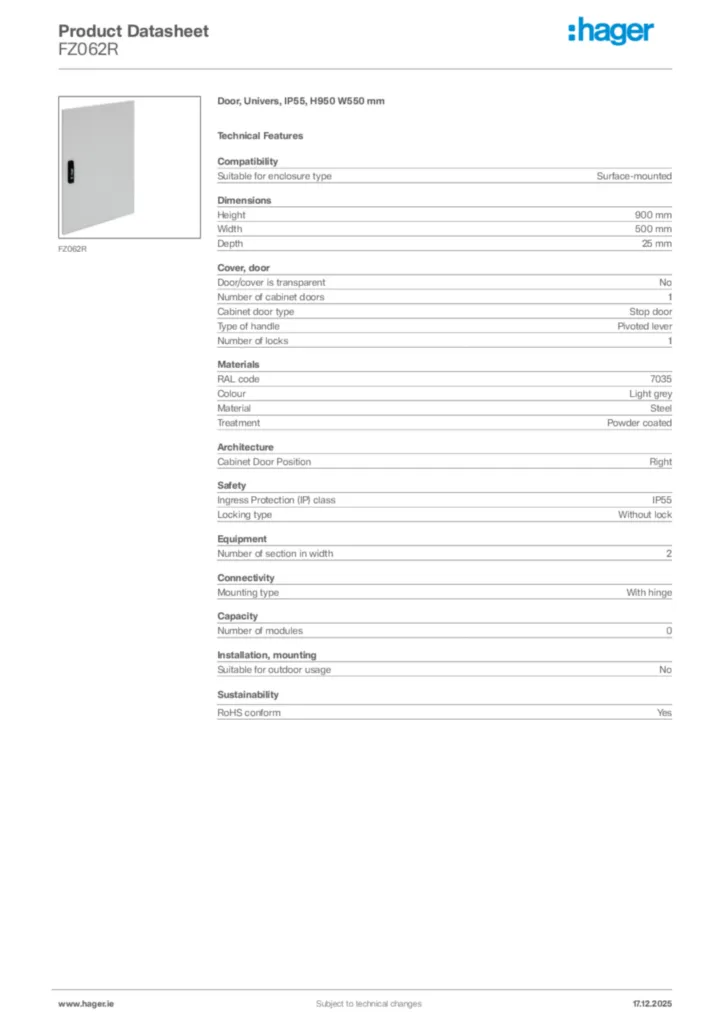 Image Hager Product data sheet FZ062R  | Hager