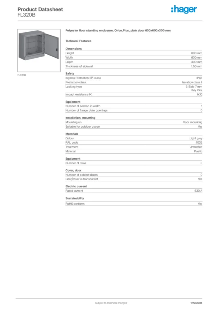 Image Hager Product data sheet FL320B  | Hager Africa