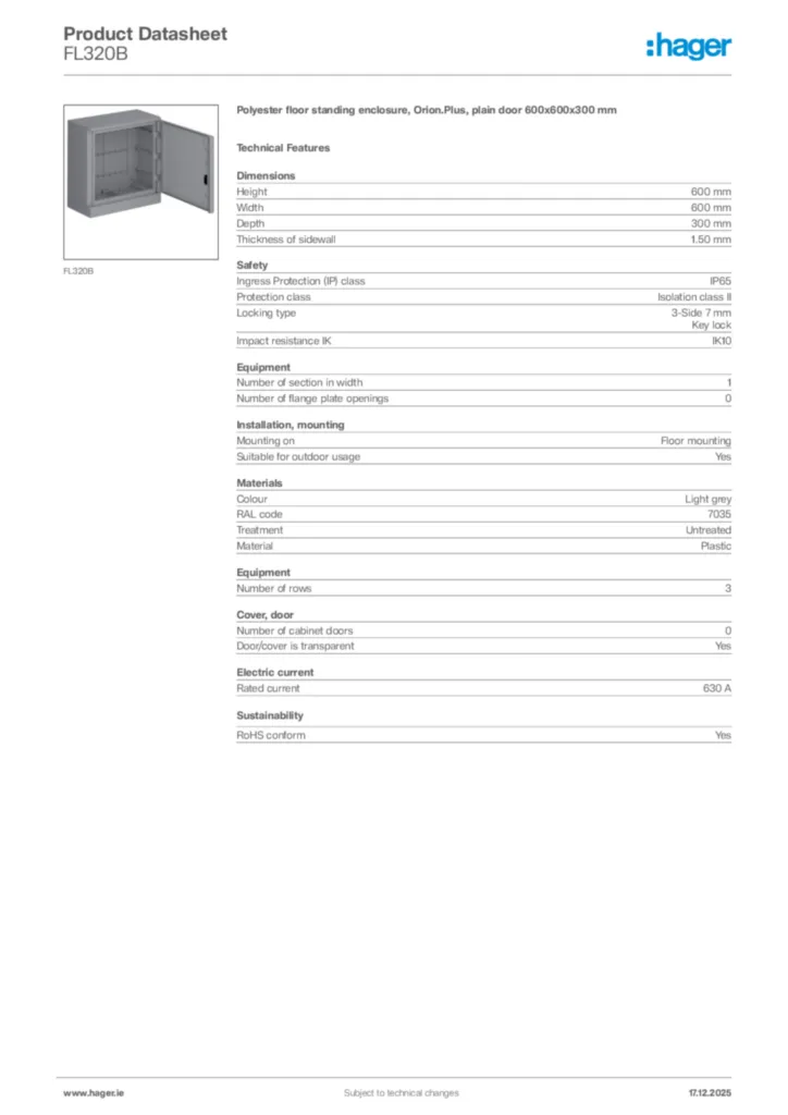 Image Hager Product data sheet FL320B  | Hager