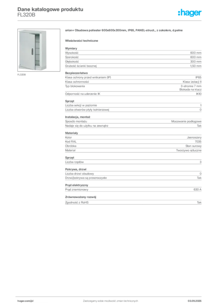 Zdjęcie Hager Karta katalogowa FL320B | Hager Polska