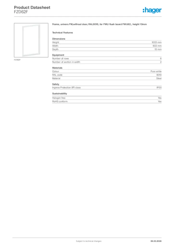 Image Hager Product data sheet FZ062F  | Hager Africa