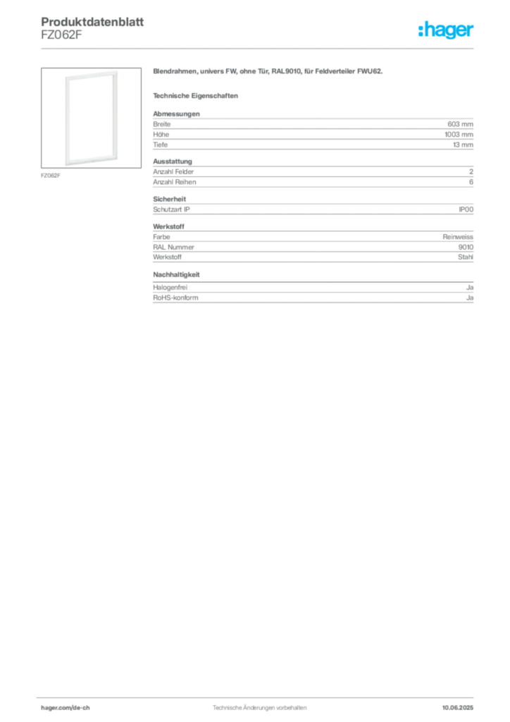 Bild Hager Produktdatenblatt FZ062F | Hager Schweiz