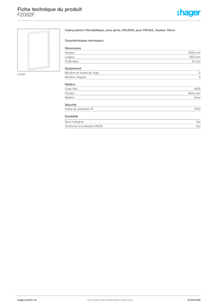 Image Hager Fiche technique du produit FZ062F | Hager Suisse