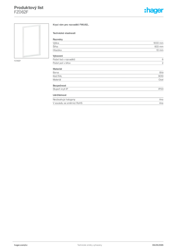 Obrázek Hager Produktový list FZ062F | Hager