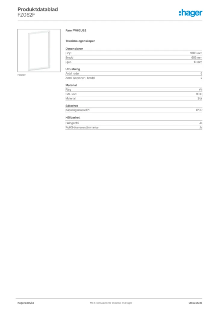 Bild Hager Produktdatablad FZ062F | Hager Sverige