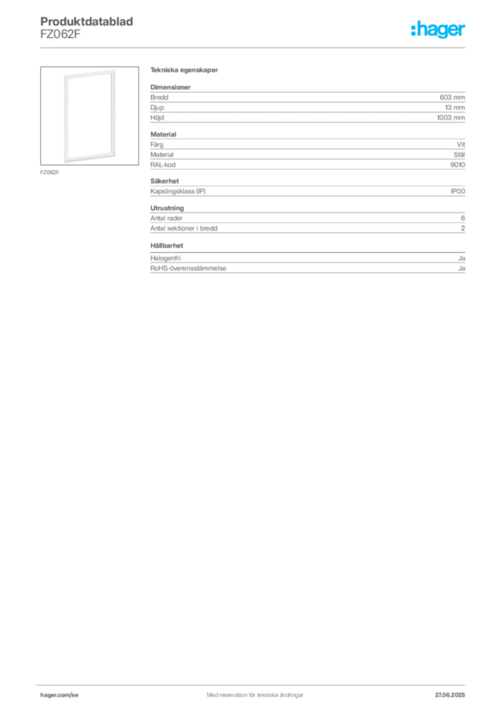 Bild Hager Produktdatablad FZ062F | Hager Sverige