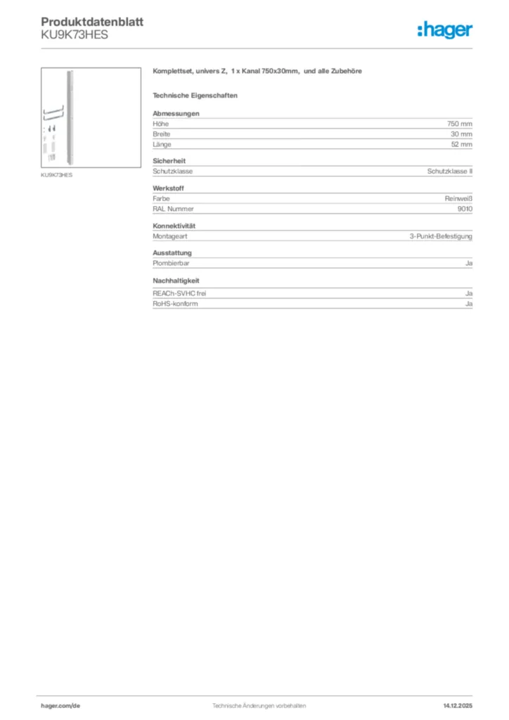 Bild Hager Produktdatenblatt KU9K73HES | Hager Deutschland