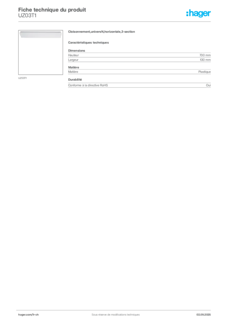 Image Hager Fiche technique du produit UZ03T1 | Hager Suisse