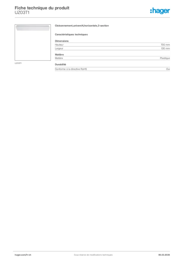 Image Hager Fiche technique du produit UZ03T1 | Hager Suisse