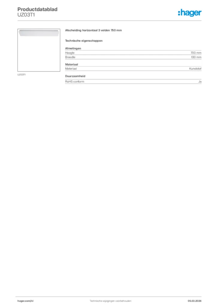 Afbeelding Hager Productdatablad UZ03T1 | Hager Nederland