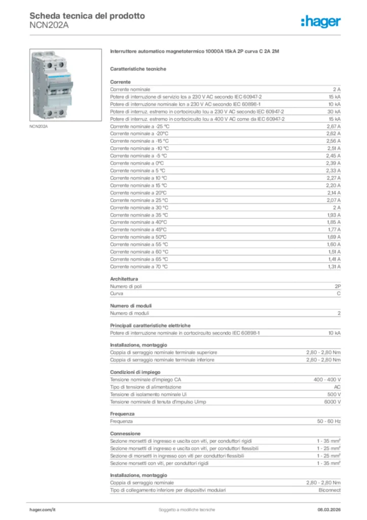 Immagine Hager Scheda tecnica del prodotto NCN202A | Hager Italia