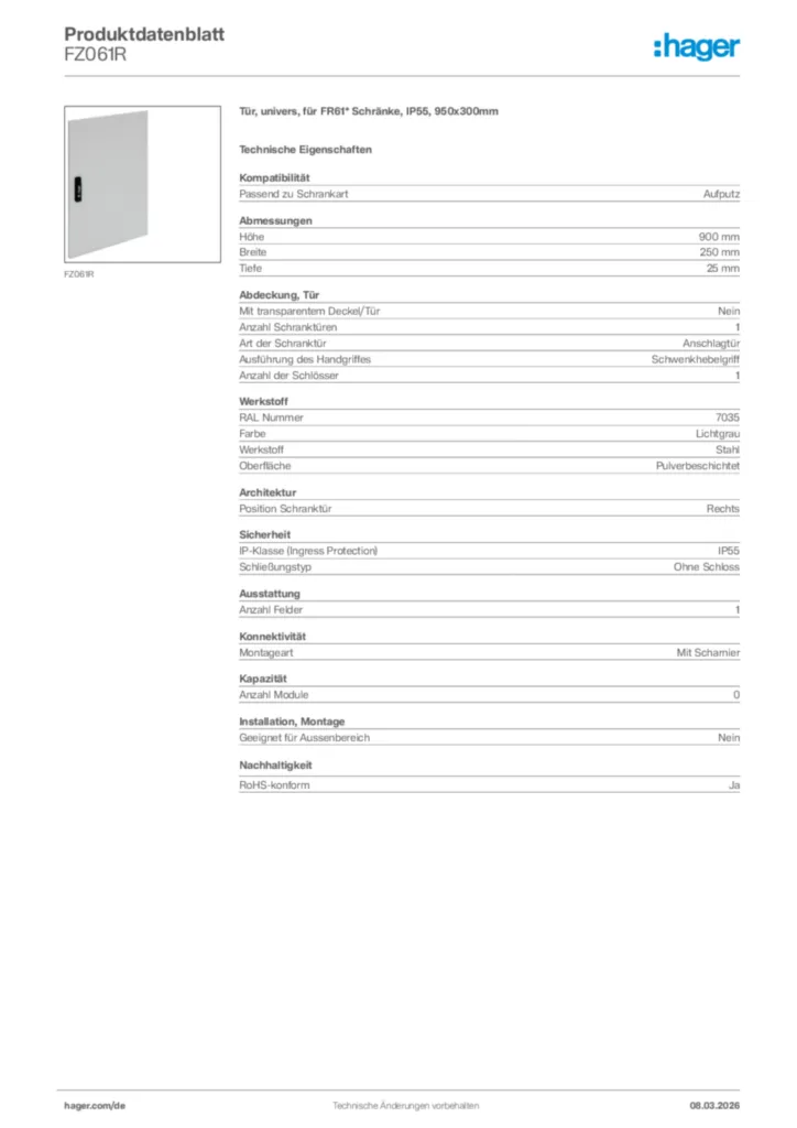 Bild Hager Produktdatenblatt FZ061R | Hager Deutschland