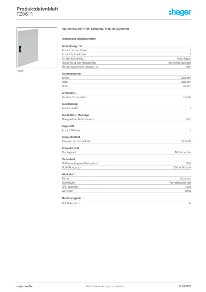 Bild Hager Produktdatenblatt FZ061R | Hager Deutschland