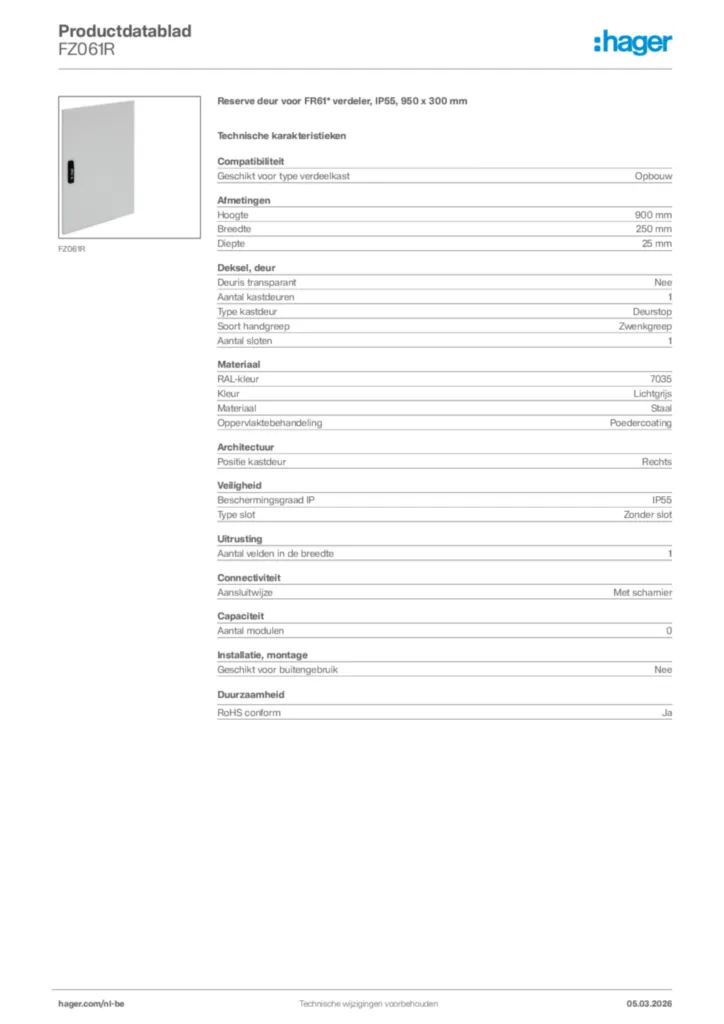 Afbeelding Hager Productdatablad FZ061R | Hager Belgium