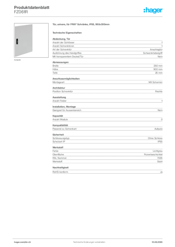 Bild Hager Produktdatenblatt FZ061R | Hager Schweiz