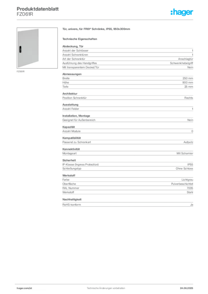 Bild Hager Produktdatenblatt FZ061R | Hager Deutschland