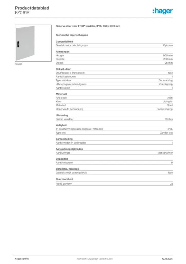 Afbeelding Hager Productdatablad FZ061R | Hager Nederland