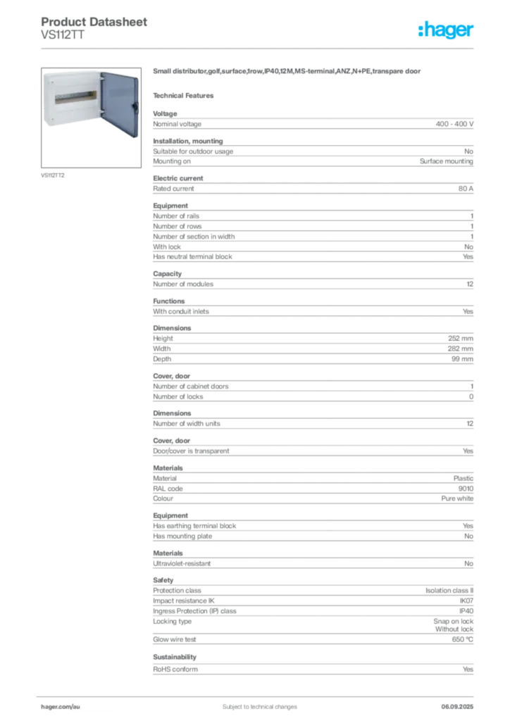 Image Hager Product data sheet VS112TT  | Hager Australia