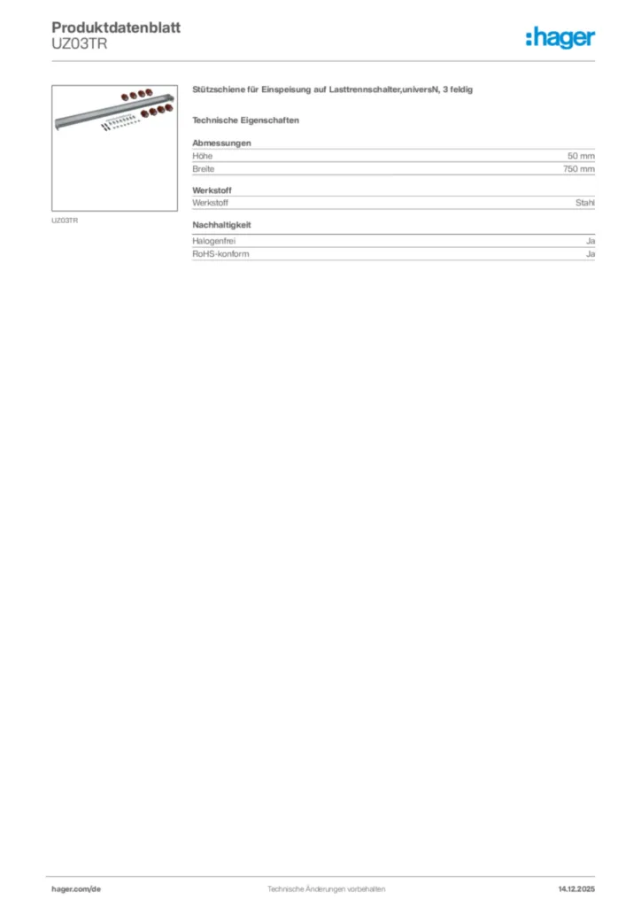 Bild Hager Produktdatenblatt UZ03TR | Hager Deutschland