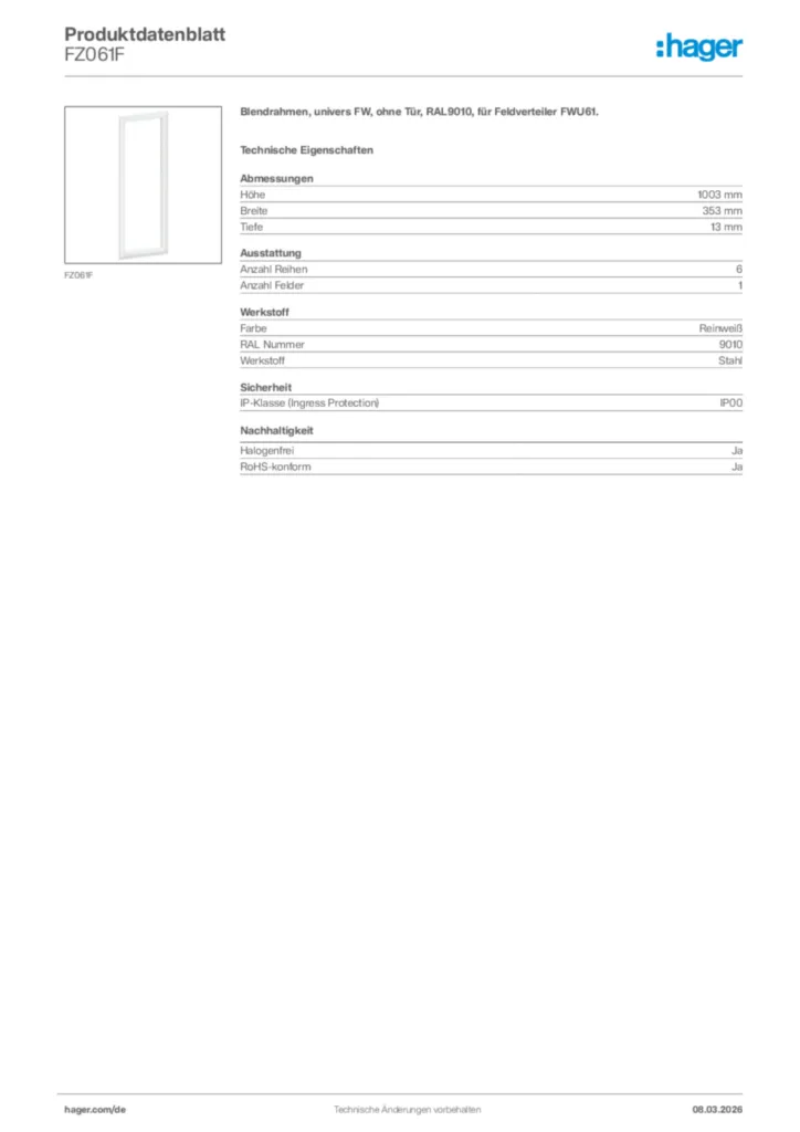 Bild Hager Produktdatenblatt FZ061F | Hager Deutschland