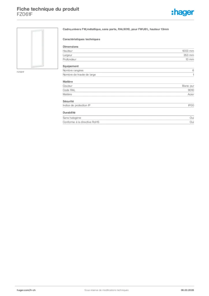 Image Hager Fiche technique du produit FZ061F | Hager Suisse
