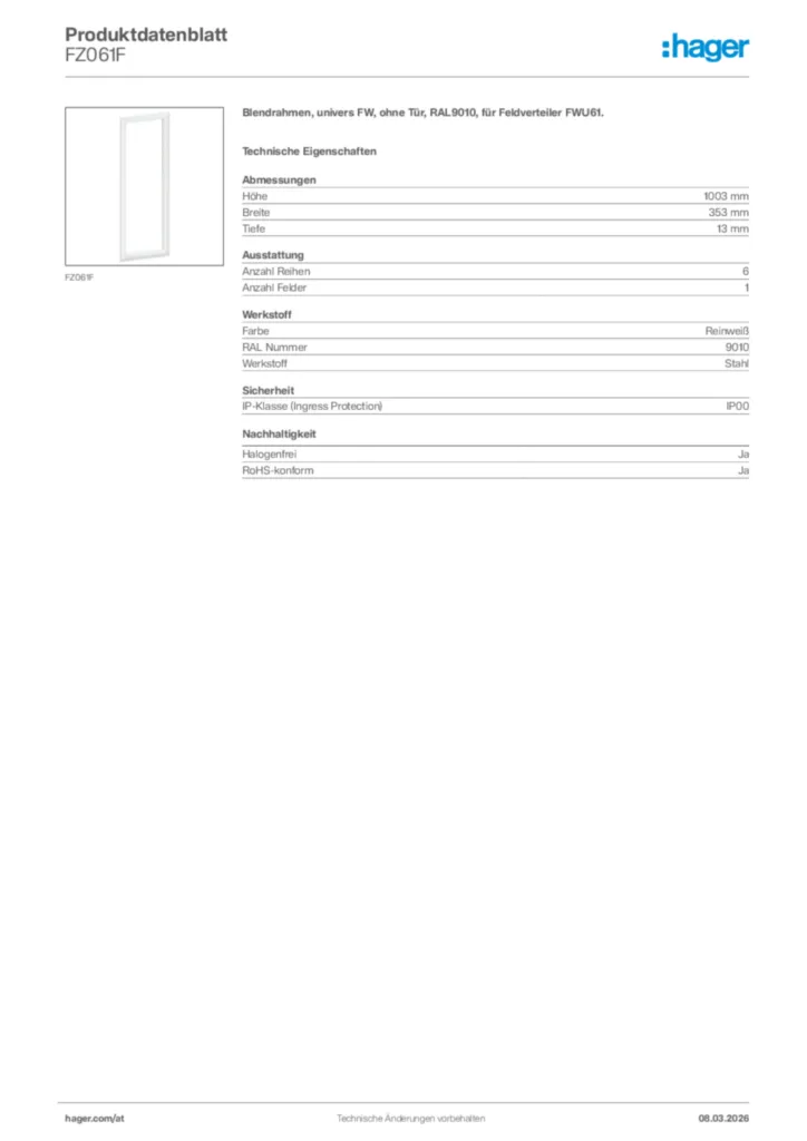 Bild Hager Produktdatenblatt FZ061F | Hager Deutschland