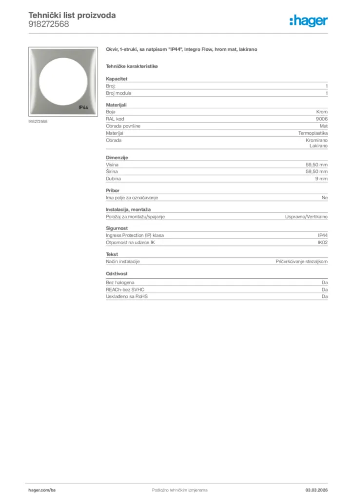 Slika Hager Tehnički list proizvoda 918272568  | Hager