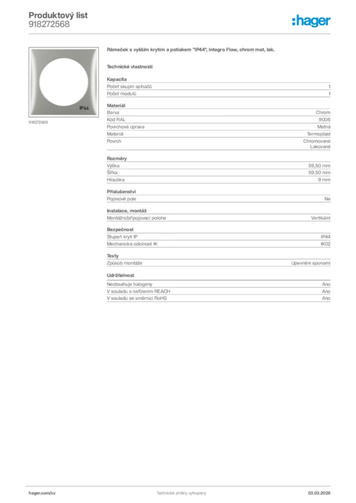 Obrázek Hager Product data sheet 918272568 | Hager