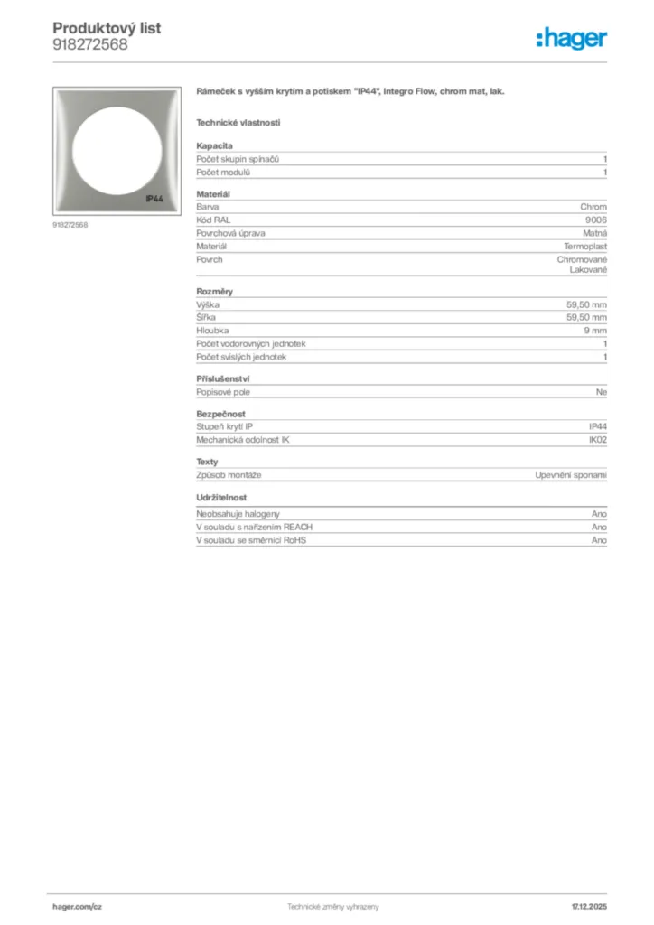 Obrázek Hager Produktový list 918272568 | Hager