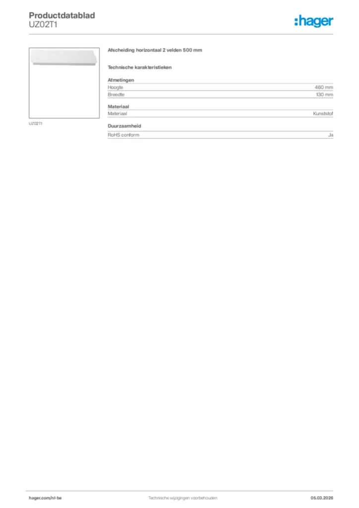 Afbeelding Hager Productdatablad UZ02T1 | Hager Belgium