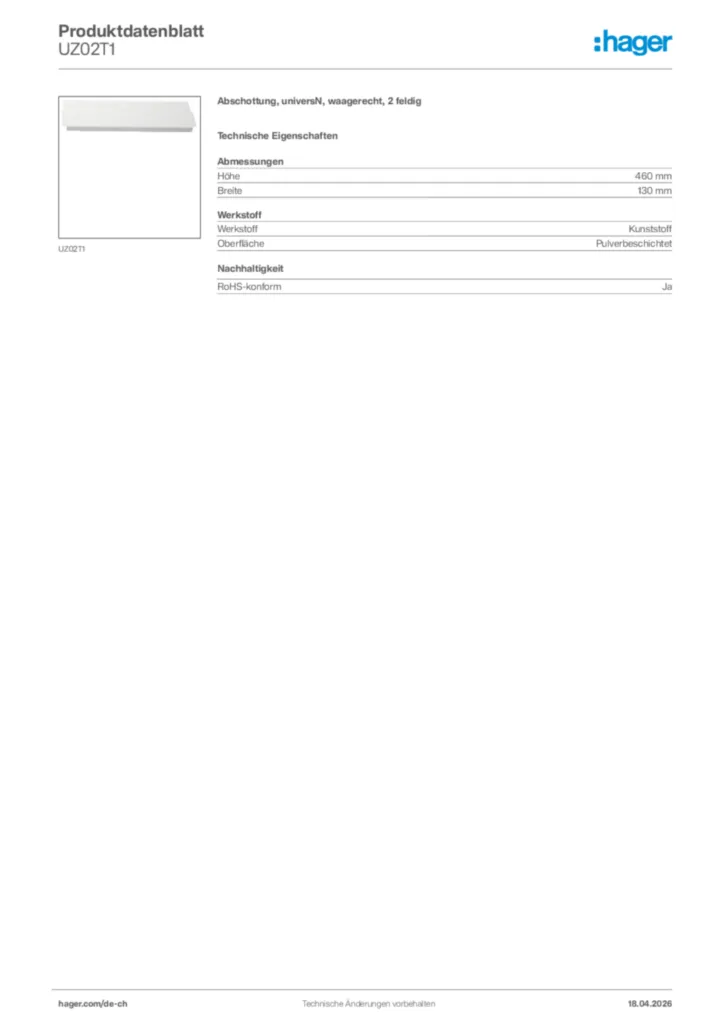 Bild Hager Produktdatenblatt UZ02T1 | Hager Schweiz