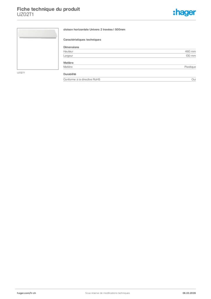 Image Hager Fiche technique du produit UZ02T1 | Hager Suisse