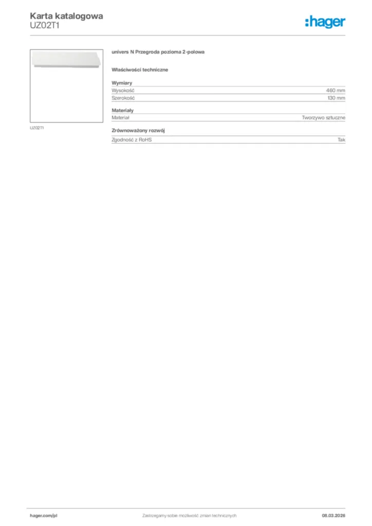 Zdjęcie Hager Karta katalogowa UZ02T1 | Hager Polska