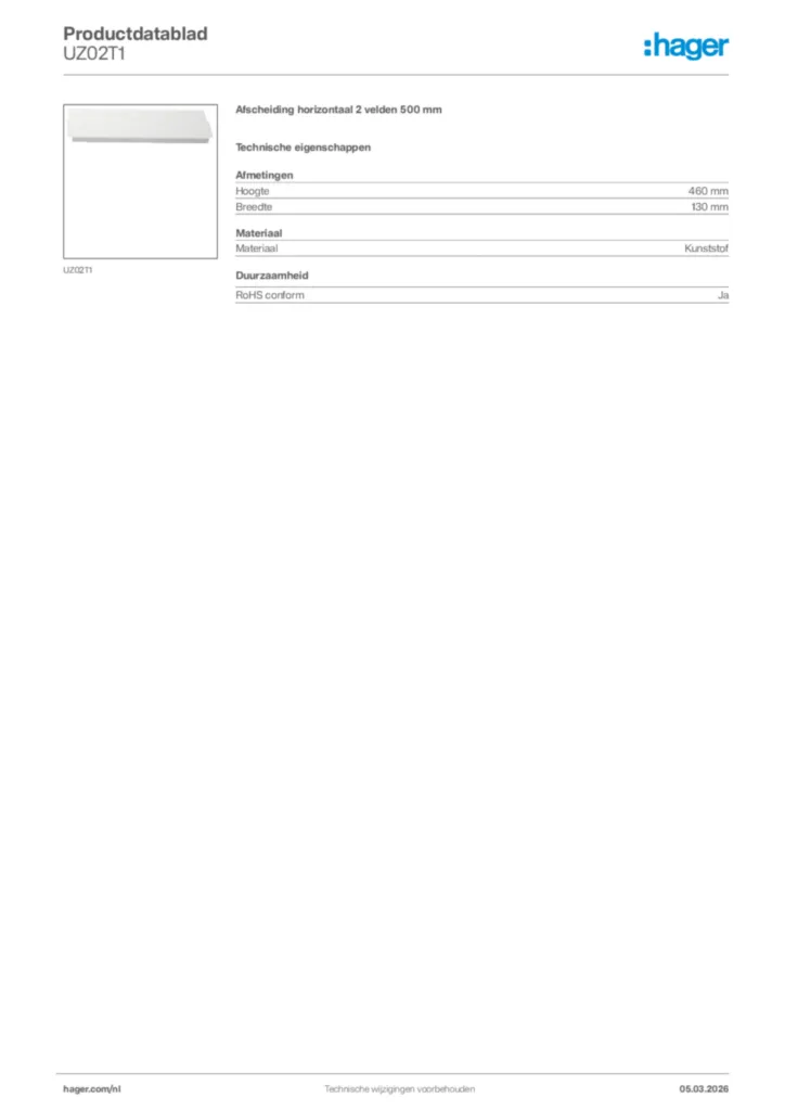 Afbeelding Hager Productdatablad UZ02T1 | Hager Nederland