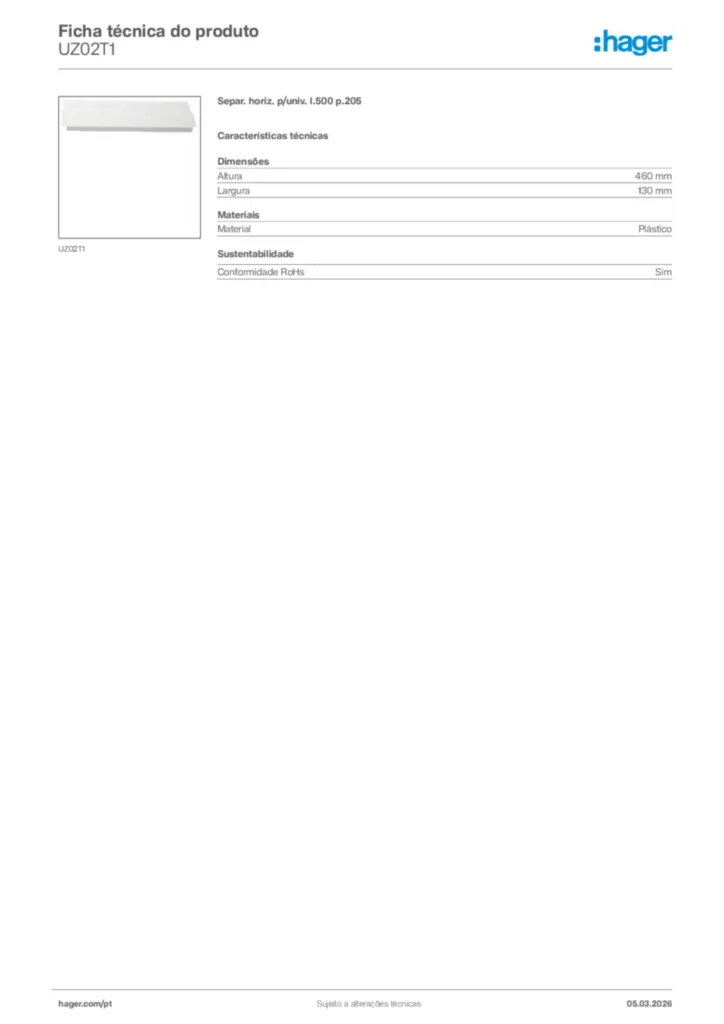Imagem Hager Ficha técnica do produto UZ02T1 | Hager Portugal