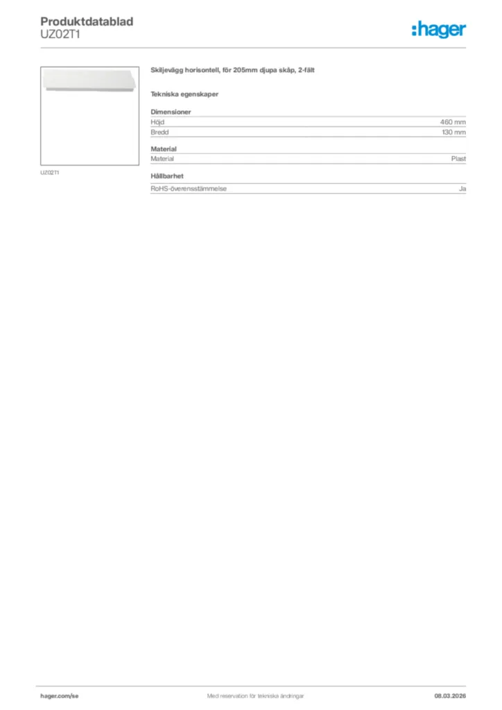 Bild Hager Produktdatablad UZ02T1 | Hager Sverige
