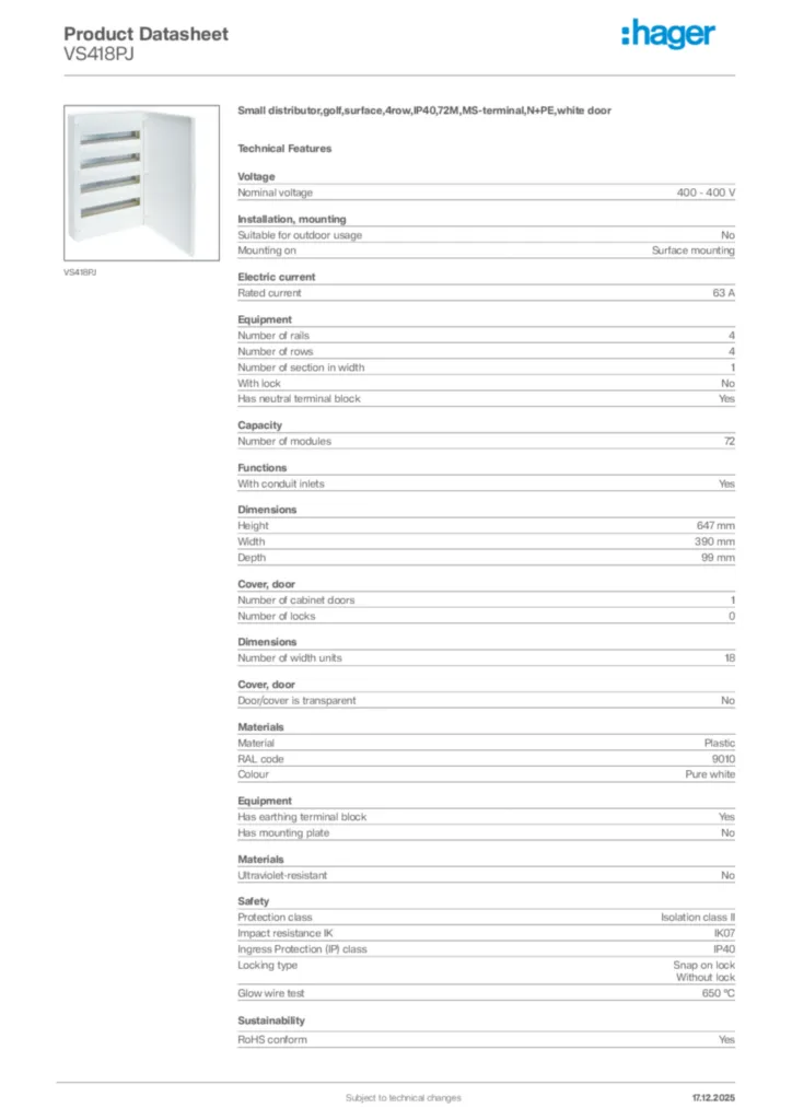 Image Hager Product data sheet VS418PJ  | Hager Africa