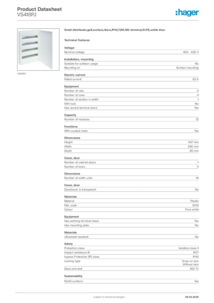 Image Hager Product data sheet VS418PJ  | Hager Africa