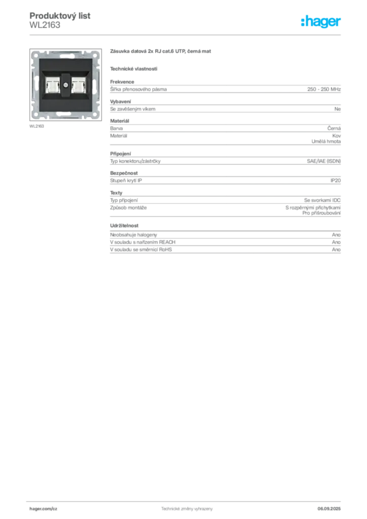 Obrázek Hager Produktový list WL2163 | Hager