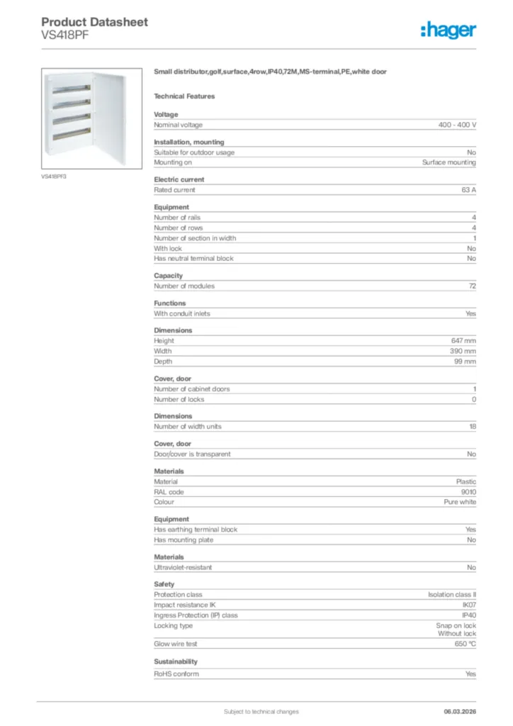 Image Hager Product data sheet VS418PF  | Hager Africa