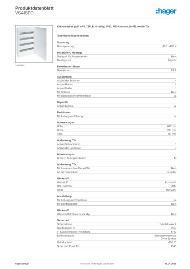 Bild Hager Produktdatenblatt VS418PD | Hager Deutschland