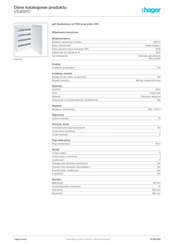 Zdjęcie Hager Karta katalogowa VS418PD | Hager Polska