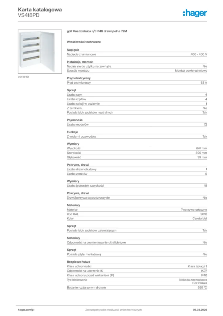 Zdjęcie Hager Karta katalogowa VS418PD | Hager Polska