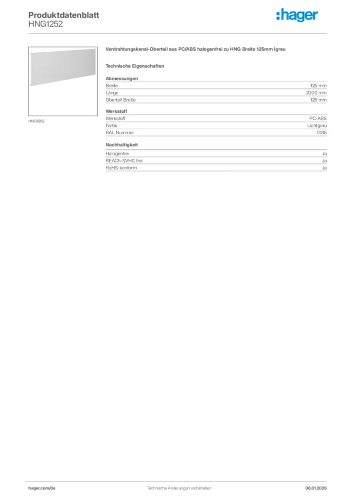 Bild Hager Produktdatenblatt HNG1252 | Hager Deutschland