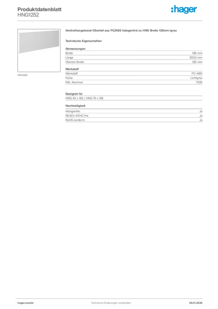 Bild Hager Produktdatenblatt HNG1252 | Hager Deutschland