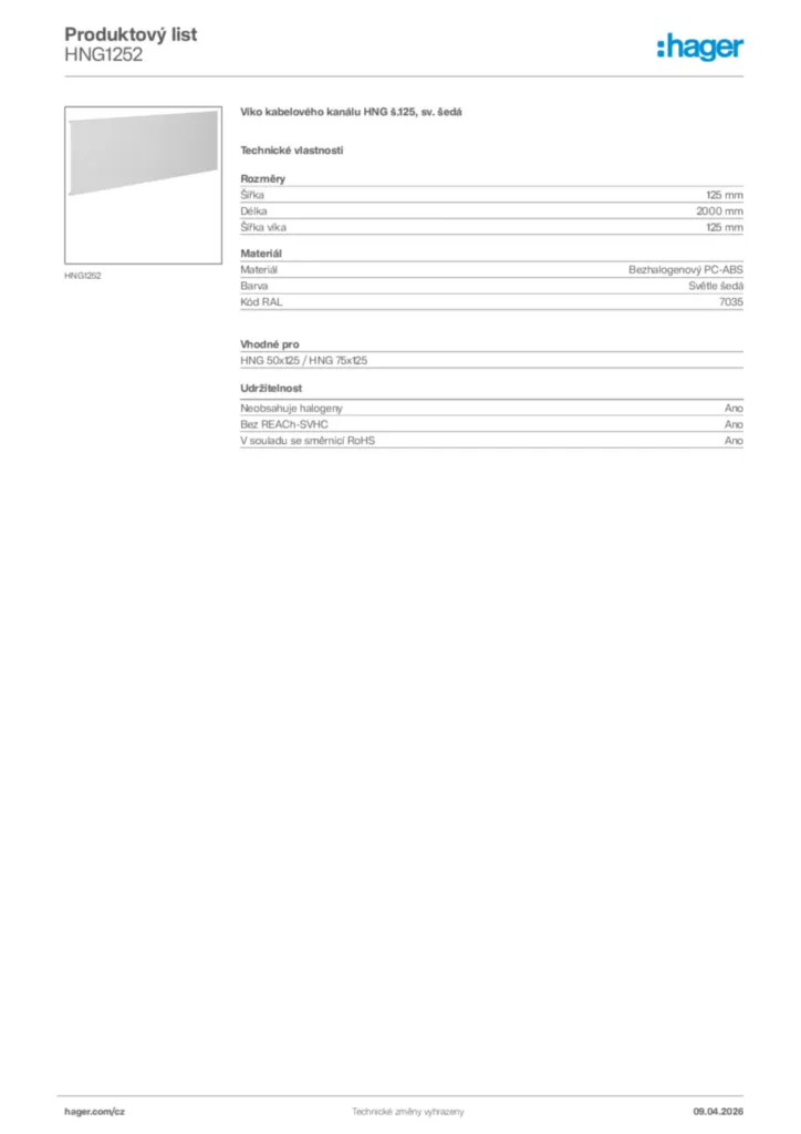 Obrázek Hager Product data sheet HNG1252 | Hager