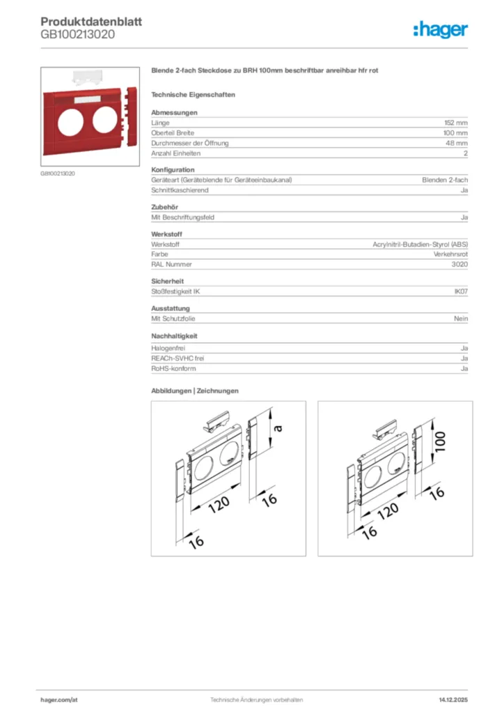 Bild Hager Produktdatenblatt GB100213020 | Hager Deutschland